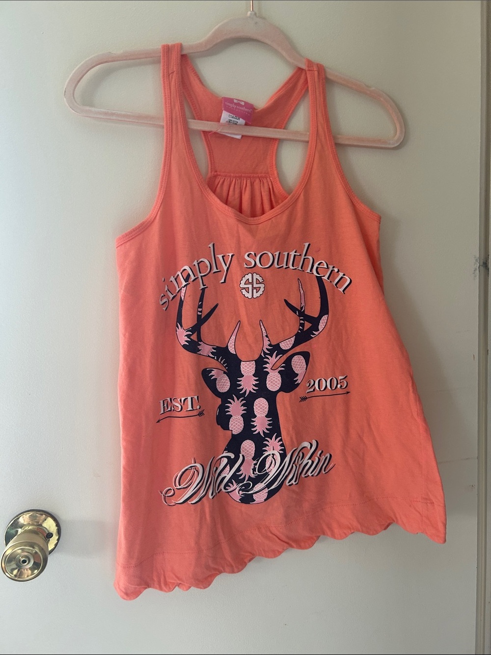 Simply Southern Coral Graphic Racerback Tank with Navy Deer Print